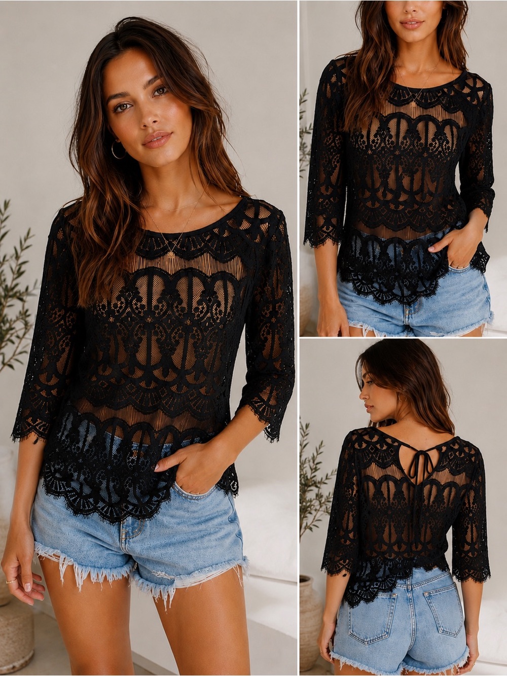 Black Sheer Lace Boho Tie-Back Top Size Large - Picture 1 of 5